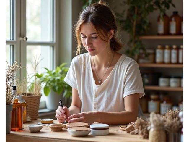 Founder diligently creating cosmetics in a bright, sunlit workshop in Ontario, Canada.