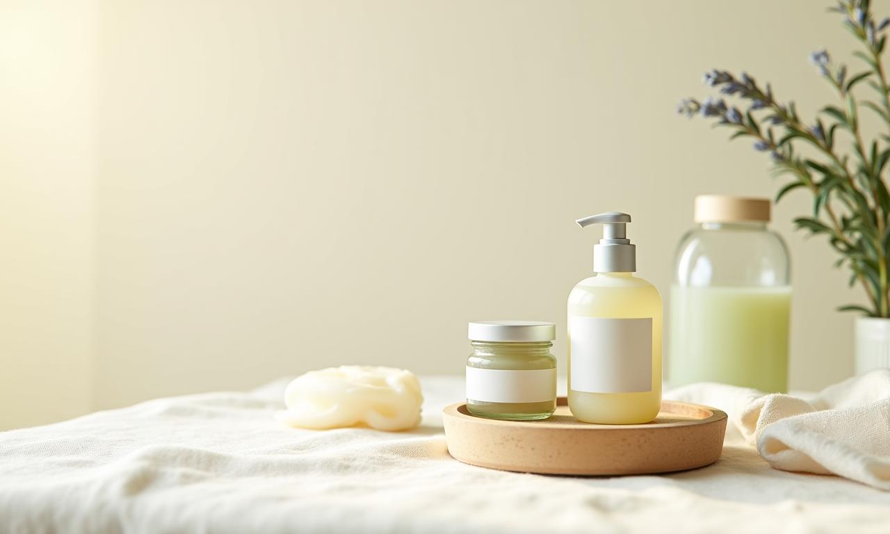 Close-up of AuraBloom handmade cosmetics in a soft, natural setting