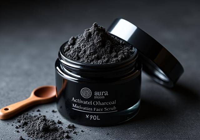Dark grey AuraBloom Activated Charcoal Face Scrub in an open jar with a luxurious feel