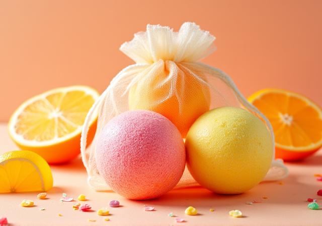 Colorful AuraBloom Citrus Blast Bath Bombs in a delicate mesh bag, surrounded by citrus slices