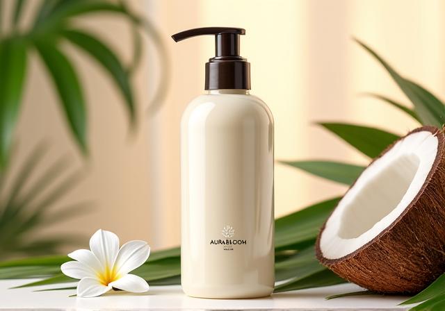 Creamy AuraBloom Coconut Milk Body Wash in a pump bottle, with a coconut and flower in the background
