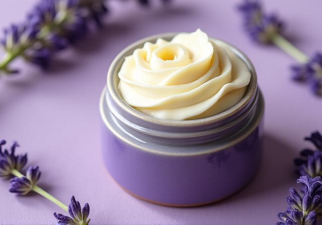 Luxurious AuraBloom Lavender Body Butter in a ceramic jar with fresh lavender sprigs