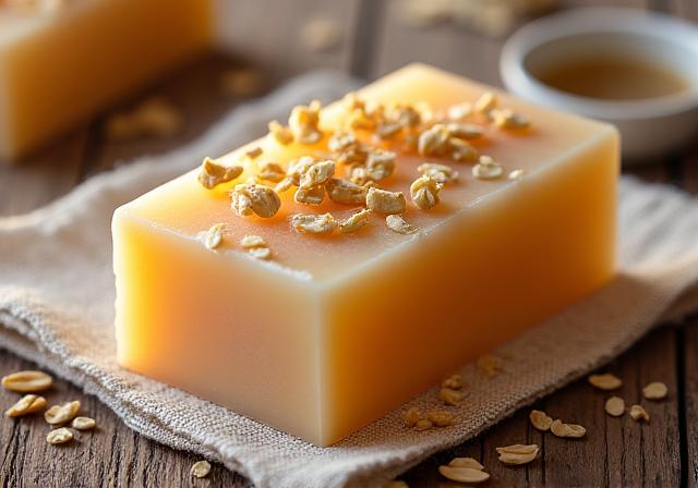 Artisan AuraBloom Oatmeal & Honey Soap bar on a wooden surface with a rustic aesthetic