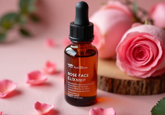 Close-up of AuraBloom Rose Face Elixir in an amber glass dropper bottle with rose petals scattered around