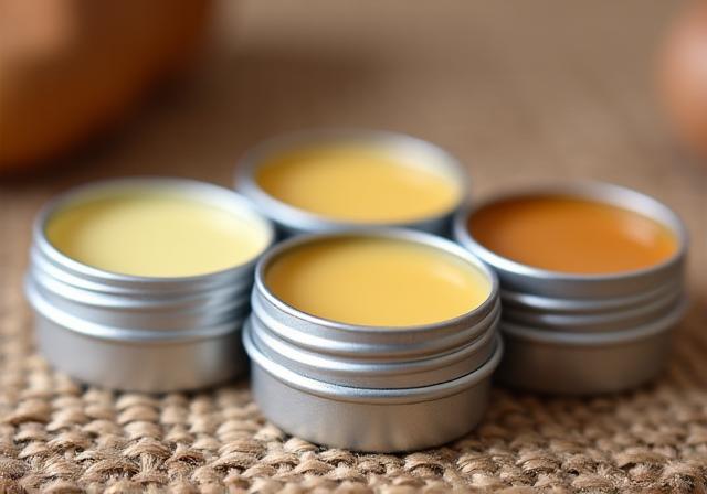 A trio of AuraBloom Shea Butter Lip Balms in small metal tins on a natural wood background