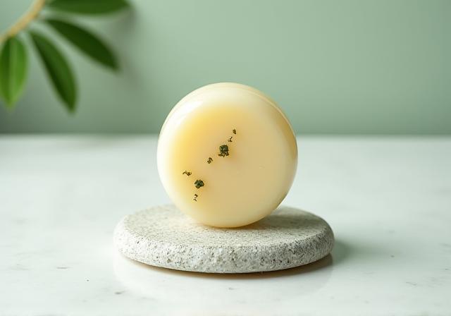 Round AuraBloom Tea Tree Shampoo Bar with visible specks of tea tree leaves on a stone coaster